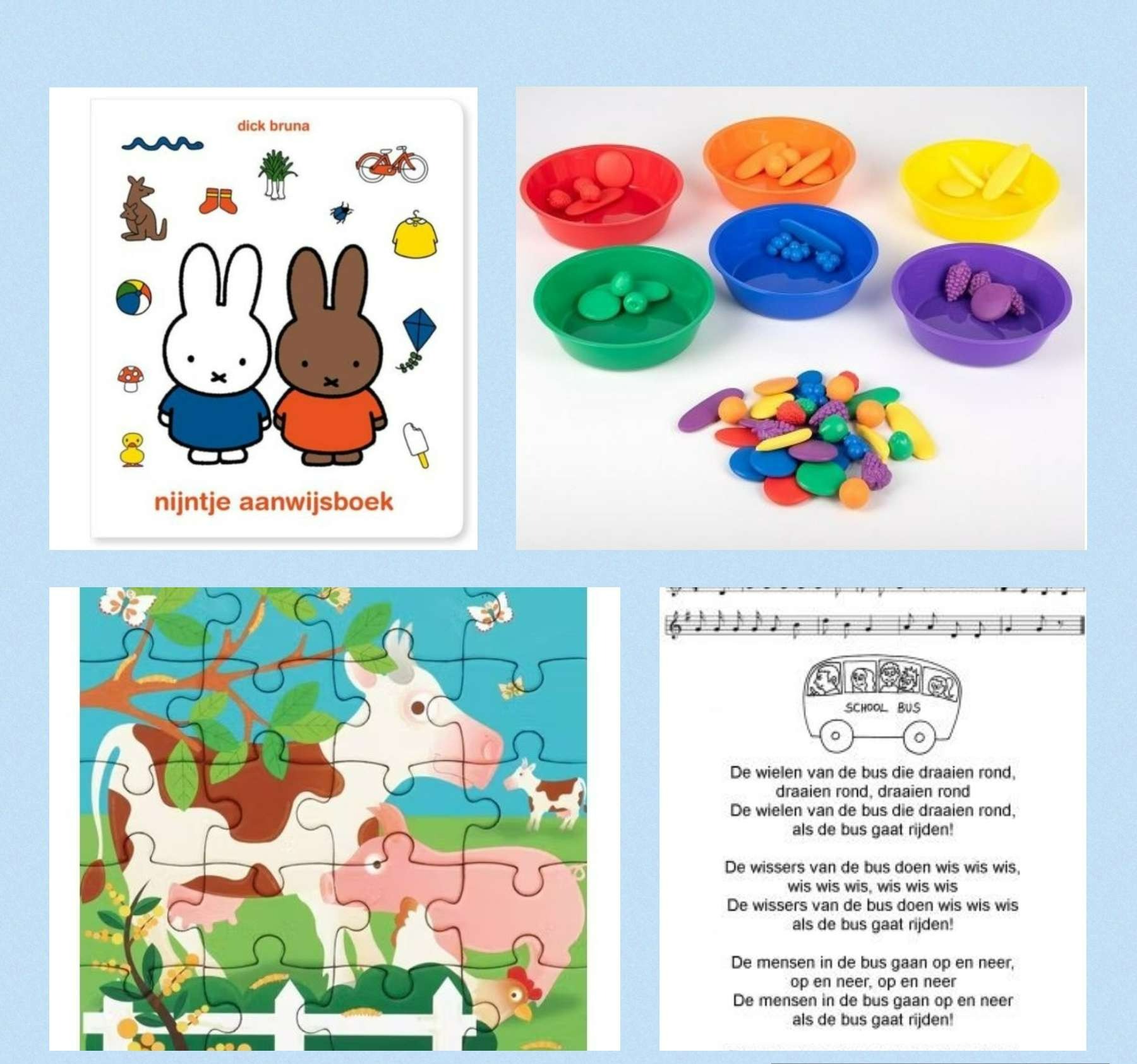 Voorlezen,  puzzelen, zingen en kleuren.