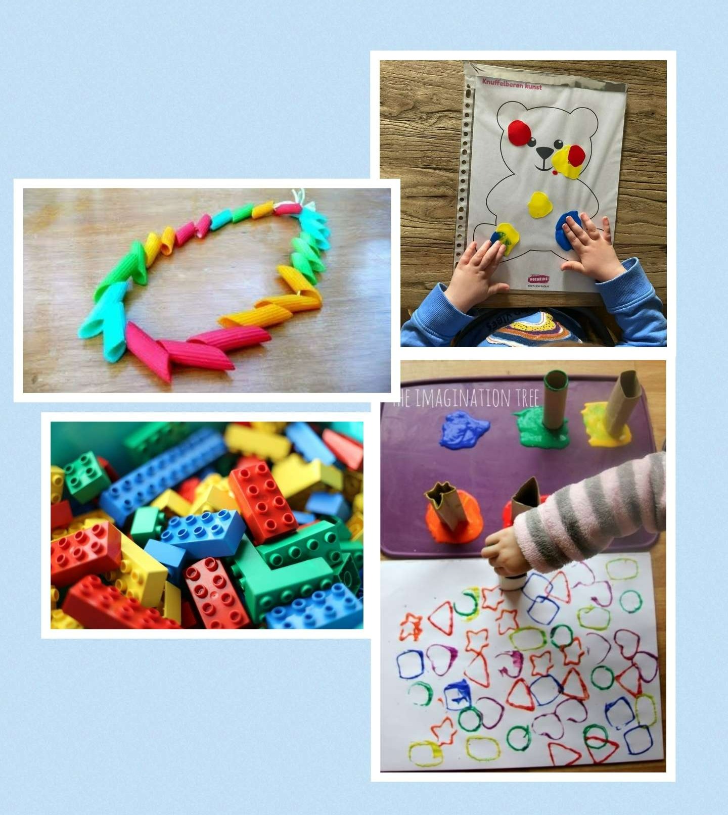 Rijgen, bouwen, verven en stempelen.